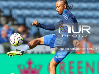 #14, Bobby Decordova-Reid of Leicester City warms up during the Premier League match between Leicester City and Everton at the King Power St...