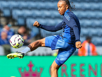 #14, Bobby Decordova-Reid of Leicester City warms up during the Premier League match between Leicester City and Everton at the King Power St...