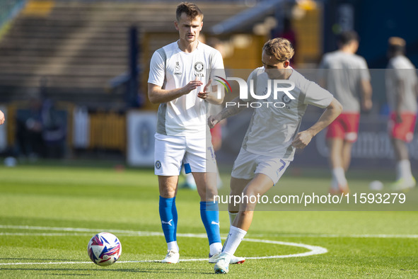 Jack Diamond #7 of Stockport County F.C. warms up during the Sky Bet League 1 match between Stockport County and Leyton Orient at the Edgele...