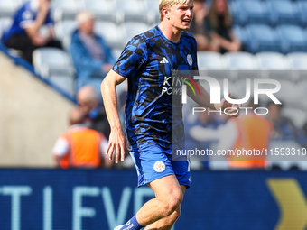 Victor Kristiansen of Leicester City warms up during the Premier League match between Leicester City and Everton at the King Power Stadium i...