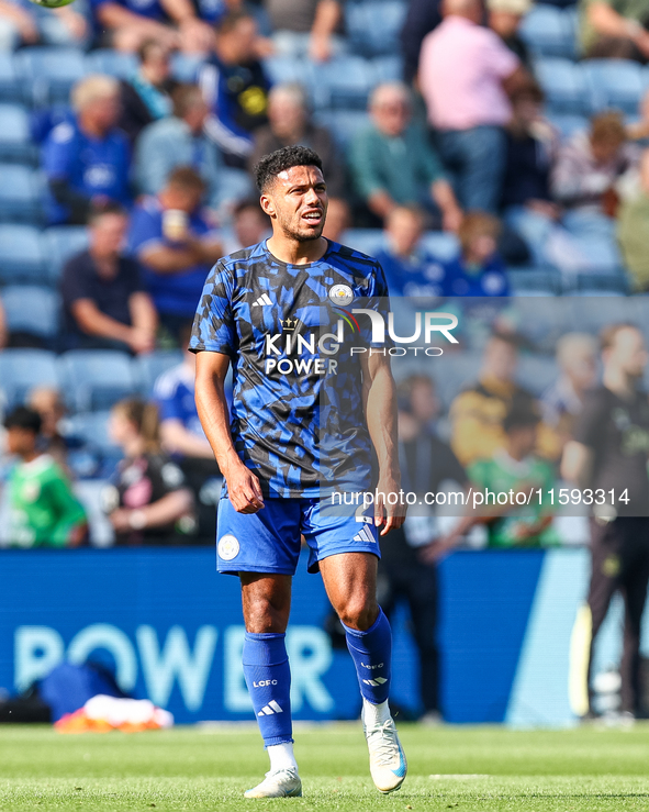 James Justin of Leicester City warms up during the Premier League match between Leicester City and Everton at the King Power Stadium in Leic...