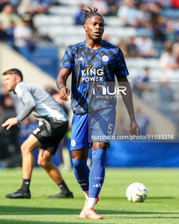 Caleb Okoli of Leicester City warms up during the Premier League match between Leicester City and Everton at the King Power Stadium in Leice...