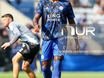 Caleb Okoli of Leicester City warms up during the Premier League match between Leicester City and Everton at the King Power Stadium in Leice...