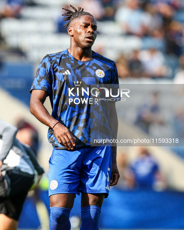 Caleb Okoli of Leicester City warms up during the Premier League match between Leicester City and Everton at the King Power Stadium in Leice...