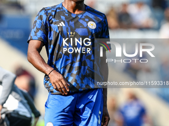 Caleb Okoli of Leicester City warms up during the Premier League match between Leicester City and Everton at the King Power Stadium in Leice...