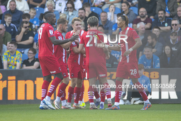 Leyton Orient F.C. players celebrate a 2-0 victory during the Sky Bet League 1 match between Stockport County and Leyton Orient at the Edgel...