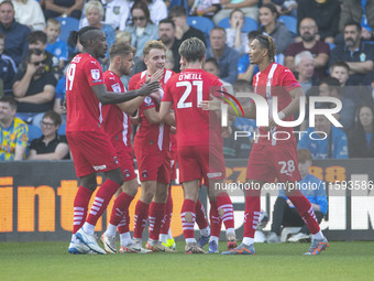 Leyton Orient F.C. players celebrate a 2-0 victory during the Sky Bet League 1 match between Stockport County and Leyton Orient at the Edgel...