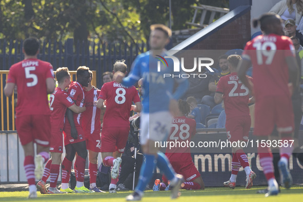 Leyton Orient F.C. celebrates Ethan Galbraith #22 of Leyton Orient F.C. making it 0-1 in the Sky Bet League 1 match between Stockport County...