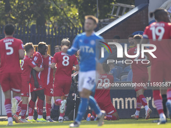 Leyton Orient F.C. celebrates Ethan Galbraith #22 of Leyton Orient F.C. making it 0-1 in the Sky Bet League 1 match between Stockport County...