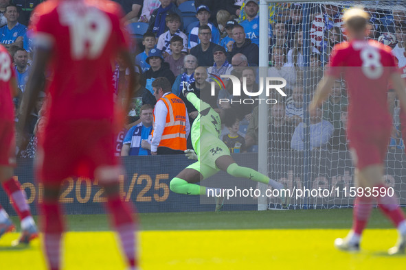 Tyler Onyango #24 of Stockport County F.C. concedes a goal during the Sky Bet League 1 match between Stockport County and Leyton Orient at t...