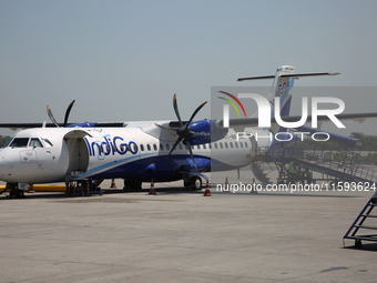 An IndiGo Airlines airplane is at Indira Gandhi International Airport (Delhi Airport) in Delhi, India, on April 24, 2024. (