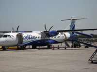 An IndiGo Airlines airplane is at Indira Gandhi International Airport (Delhi Airport) in Delhi, India, on April 24, 2024. (