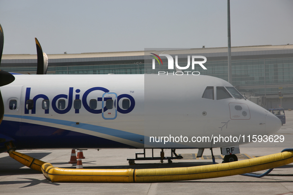 An IndiGo Airlines airplane is at Indira Gandhi International Airport (Delhi Airport) in Delhi, India, on April 24, 2024. 