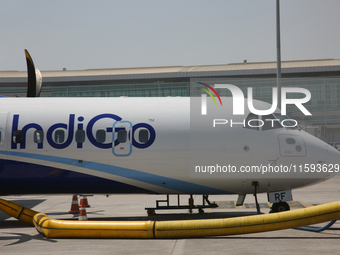 An IndiGo Airlines airplane is at Indira Gandhi International Airport (Delhi Airport) in Delhi, India, on April 24, 2024. (