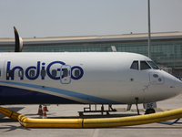 An IndiGo Airlines airplane is at Indira Gandhi International Airport (Delhi Airport) in Delhi, India, on April 24, 2024. (