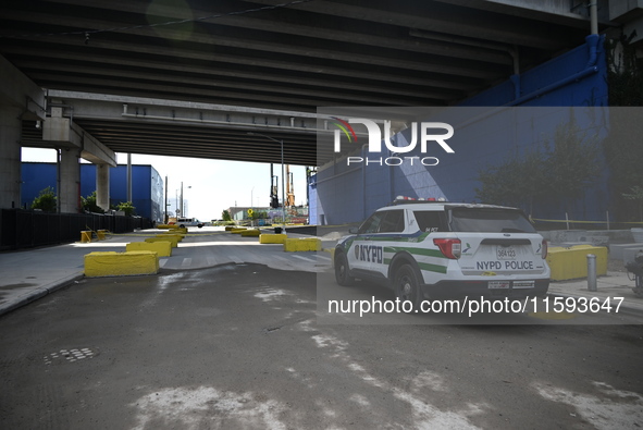 The NYPD investigates and expands the crime scene to an underpass near the site of a mass shooting on Stewart Avenue and Cherry Street in Br...