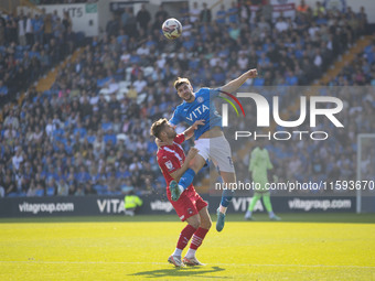 Ethan Pye #15 of Stockport County F.C. heads the ball during the Sky Bet League 1 match between Stockport County and Leyton Orient at the Ed...