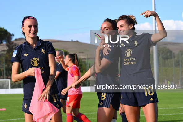 Barbara Bonansea, Martina Rosucci, and Cristiana Girelli of Juventus F.C. during the third day of the Serie A Femminile eBay Championship be...