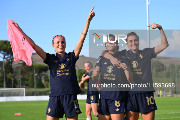 Barbara Bonansea, Martina Rosucci, and Cristiana Girelli of Juventus F.C. during the third day of the Serie A Femminile eBay Championship be...