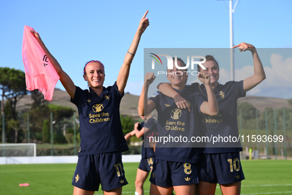 Barbara Bonansea, Martina Rosucci, and Cristiana Girelli of Juventus F.C. during the third day of the Serie A Femminile eBay Championship be...