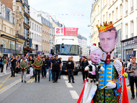 Michel Barnier and Emmanuel Macron caricature during a protest against the ''Macron-Barnier'' government, in Paris, on September 21, 2024. F...