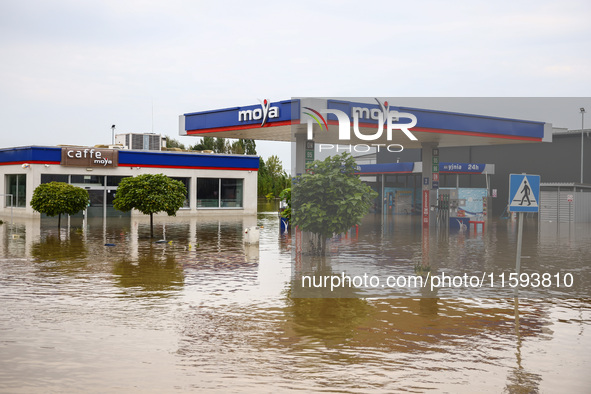 A petrol station is seen after Nysa Klodzka river flooded town of Lewin Brzeski in southwestern Poland, on September 19th, 2024. Storm Boris...