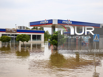 A petrol station is seen after Nysa Klodzka river flooded town of Lewin Brzeski in southwestern Poland, on September 19th, 2024. Storm Boris...