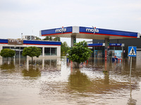 A petrol station is seen after Nysa Klodzka river flooded town of Lewin Brzeski in southwestern Poland, on September 19th, 2024. Storm Boris...