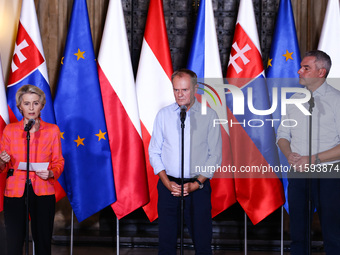 European Commission President Ursula von der Leyen, Polish Prime Minister Donald Tusk and Austrian Chacellor Karl Nehammer attend a press co...