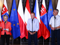 European Commission President Ursula von der Leyen, Polish Prime Minister Donald Tusk and Austrian Chacellor Karl Nehammer attend a press co...