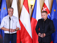 Austrian Chacellor Karl Nehammer and Slovak Prime Minister Robert Fico attend a press conference at the town hall in in Wroclaw, Poland on S...