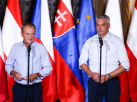 Polish Prime Minister Donald Tusk and Austrian Chacellor Karl Nehammer attend a press conference at the town hall in in Wroclaw, Poland on S...