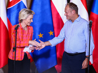 European Commission President Ursula von der Leyen and Polish Prime Minister Donald Tusk attend a press conference at the town hall in in Wr...