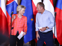 European Commission President Ursula von der Leyen and Polish Prime Minister Donald Tusk attend a press conference at the town hall in in Wr...