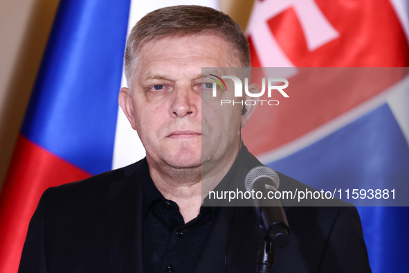 Slovak Prime Minister Robert Fico attends a press conference at the town hall in in Wroclaw, Poland on September 19, 2024. The European Comm...