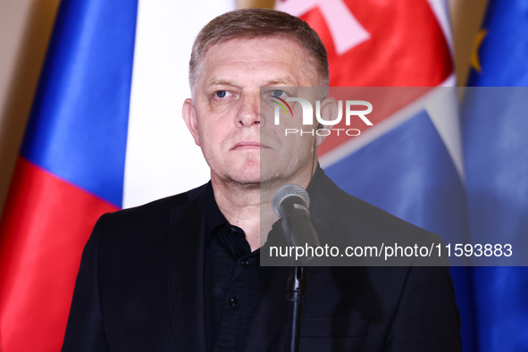 Slovak Prime Minister Robert Fico attends a press conference at the town hall in in Wroclaw, Poland on September 19, 2024. The European Comm...