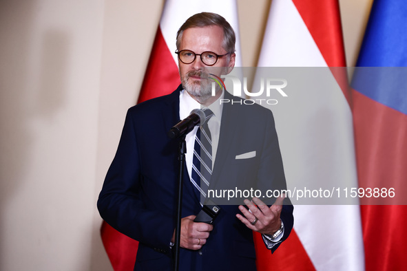 Czech Prime Minister Petr Fiala attends a press conference at the town hall in in Wroclaw, Poland on September 19, 2024. The European Commis...