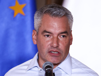 Austrian Chacellor Karl Nehammer attends a press conference at the town hall in in Wroclaw, Poland on September 19, 2024. The European Commi...