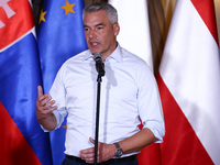 Austrian Chacellor Karl Nehammer attends a press conference at the town hall in in Wroclaw, Poland on September 19, 2024. The European Commi...