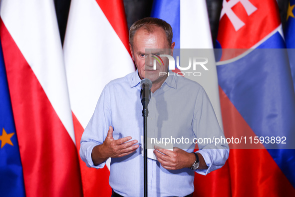 Polish Prime Minister Donald Tusk attends a press conference at the town hall in in Wroclaw, Poland on September 19, 2024. The European Comm...