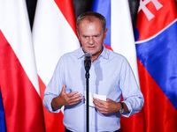 Polish Prime Minister Donald Tusk attends a press conference at the town hall in in Wroclaw, Poland on September 19, 2024. The European Comm...