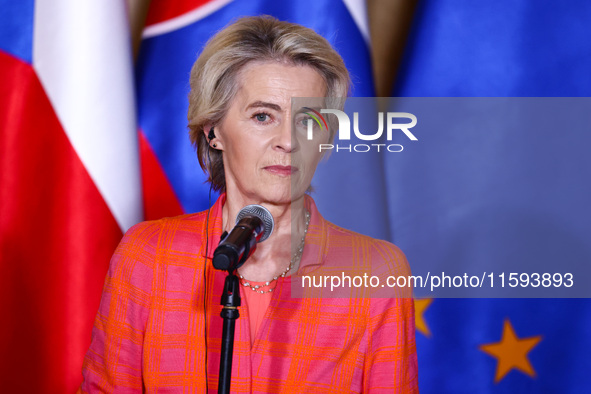 European Commission President Ursula von der Leyen attends a press conference at the town hall in in Wroclaw, Poland on September 19, 2024....