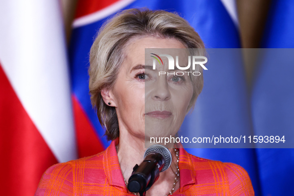 European Commission President Ursula von der Leyen attends a press conference at the town hall in in Wroclaw, Poland on September 19, 2024....