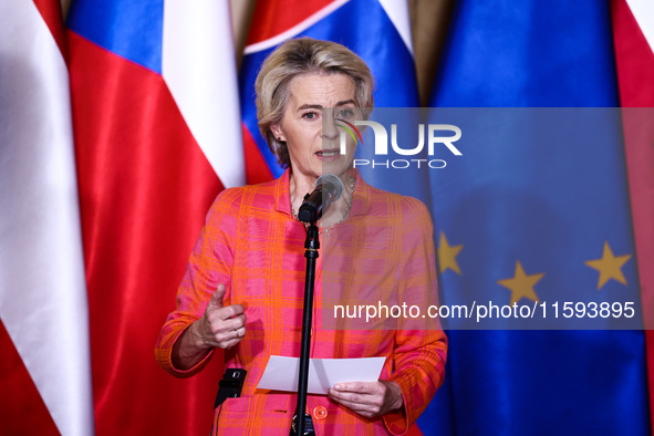 European Commission President Ursula von der Leyen attends a press conference at the town hall in in Wroclaw, Poland on September 19, 2024....