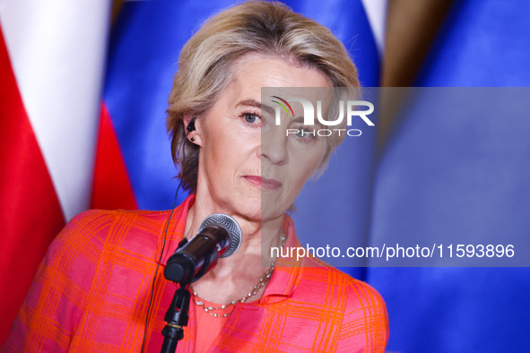 European Commission President Ursula von der Leyen attends a press conference at the town hall in in Wroclaw, Poland on September 19, 2024....