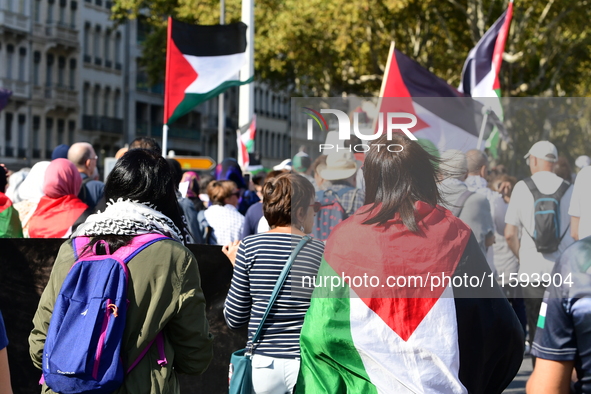 Protesters support Palestine and the people of Gaza in Lyon, France, on September 21, 2024. 