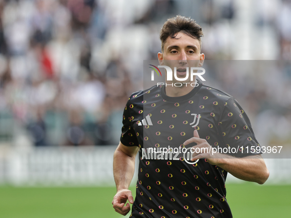 Andrea Cambiaso during the Serie A 2024-2025 match between Juventus and Napoli in Turin, Italy, on September 21, 2024 