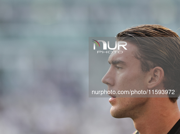 Dusan Vlahovic during the Serie A 2024-2025 match between Juventus and Napoli in Turin, Italy, on September 21, 2024 