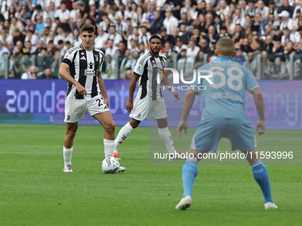 Andrea Cambiaso during the Serie A 2024-2025 match between Juventus and Napoli in Turin, Italy, on September 21, 2024 