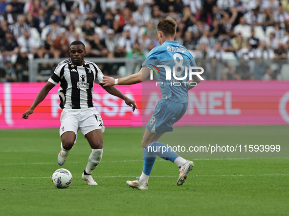 Pierre Kalulu during the Serie A 2024-2025 match between Juventus and Napoli in Turin, Italy, on September 21, 2024 